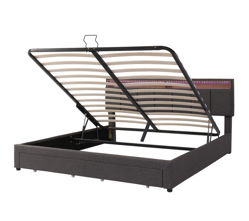 Lit Coffre 160x200 Cm - Lit Double - Rangement Hydraulique - Tête De Lit LED - Velours - Gris