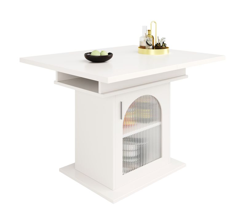 Table à Manger Extensible - Rangement à 3 Niveaux - Mdf - Plateau Verre - Blanc
