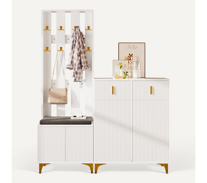 Vestiaire D’entrée - Banc Avec Coussin Et Tiroir Portes Et Crochets Muraux - Meuble Complet - Blanc