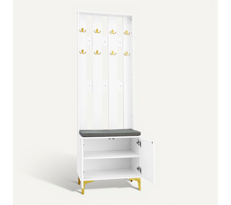 Vestiaire D’entrée - Banc Avec Coussin Et Crochets - Armoire Compacte Rangement Chaussures - Blanc