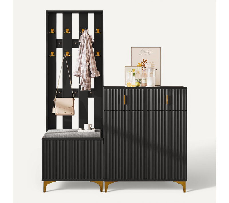 Vestiaire D’entrée Compact - Meuble Avec Banc, Armoire Et Crochets, Design Moderne , Noir