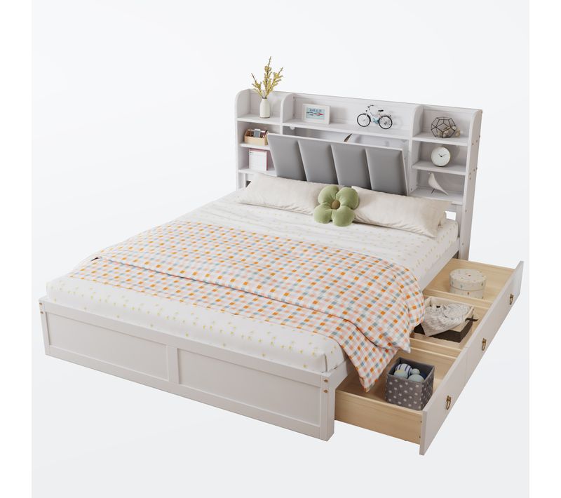 Lit Double 160x200 Cm -rangement Et Tiroirs - Tête De Lit Avec Étagères - Pin + Mdf - Blanc Velours