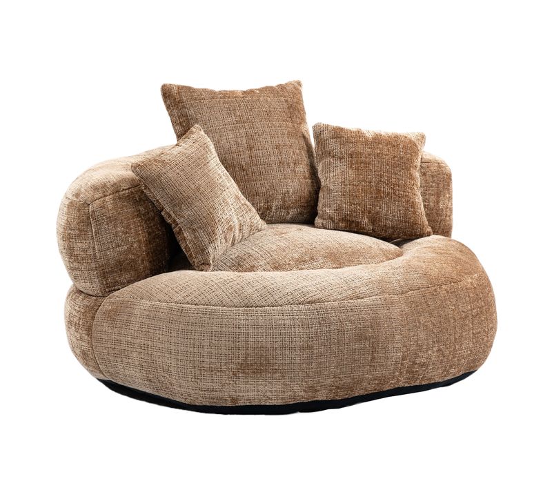 Fauteuil Pouf Cocooning 1 Place - 3 Coussins - Matelas En Mousse -Chenille - Café