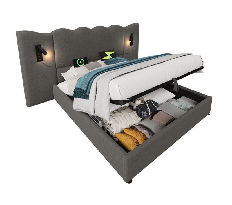 Lit Coffre 180x200 cm - Lit Capitonné avec LED et Charge USB Type-C - Tissu Lin Gris