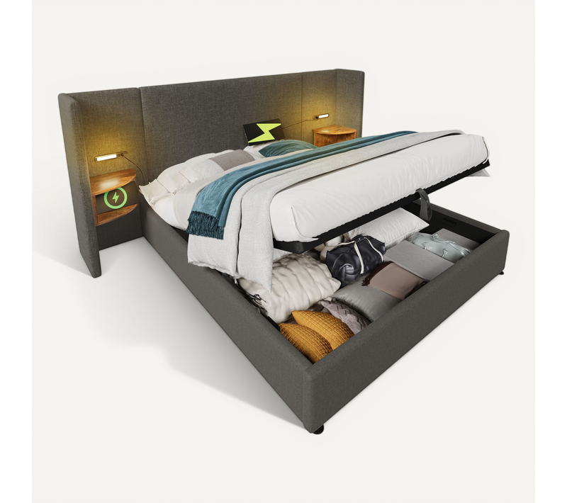 Lit Coffre Double 180x200, Lampe De Lecture Et USB, Lin Gris