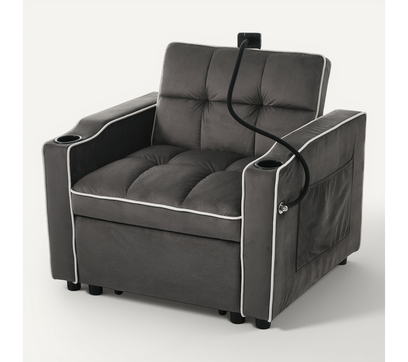 Fauteuil Convertible 1 Place Relax - Rangement Latéral Et Porte-gobelets - Velours Gris Foncé