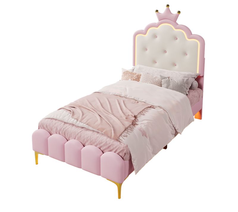Lit Enfant 90x200 Cm - Lit Capitonné Avec Tête Couronne Et LED Télécommandée - Cadre Solide - Rose