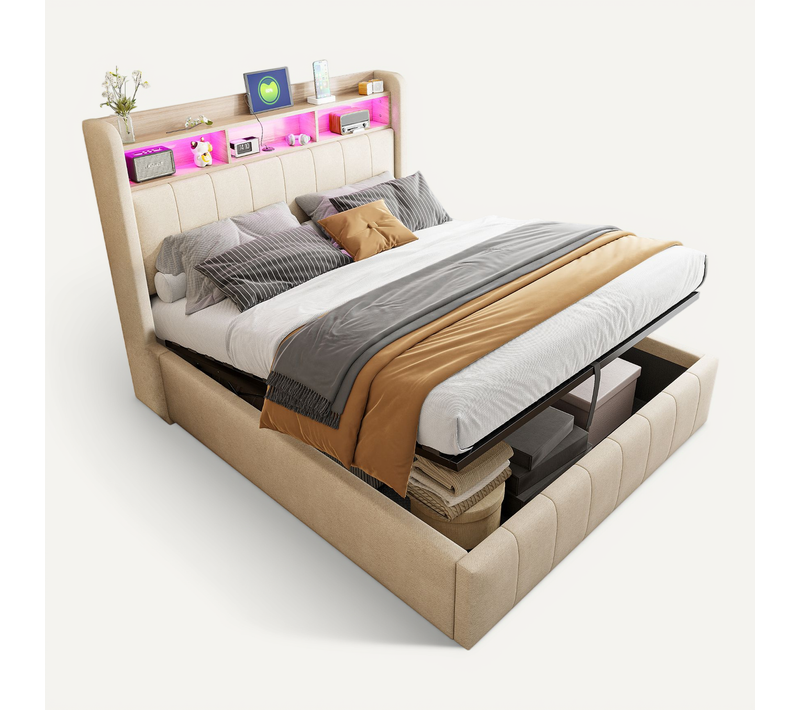 Lit Coffre Double 140x200 Cm - Coffre Hydraulique - Éclairage LED - Design Capitonné - Lin - Beige