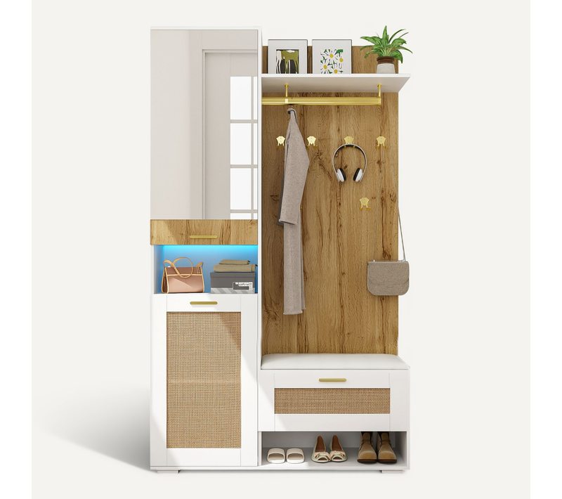 Vestiaire Entrée - Meuble Entrée Armoire Chaussures Étagère Supérieure Miroir LED - Blanc