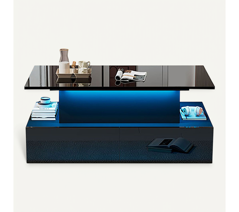 Table Basse - Meuble De Salon Avec LED Intégrée - 4 Tiroirs Push - Mdf - Noir Laqué