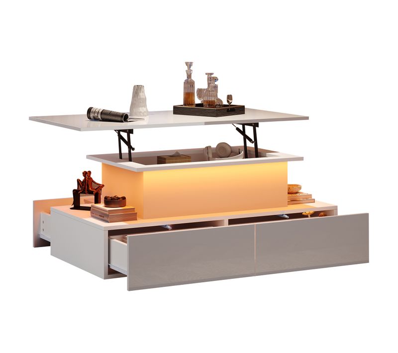 Table Basse, LED Intégrée, 4 Tiroirs, Grand Rangement, Design Moderne, Blanc