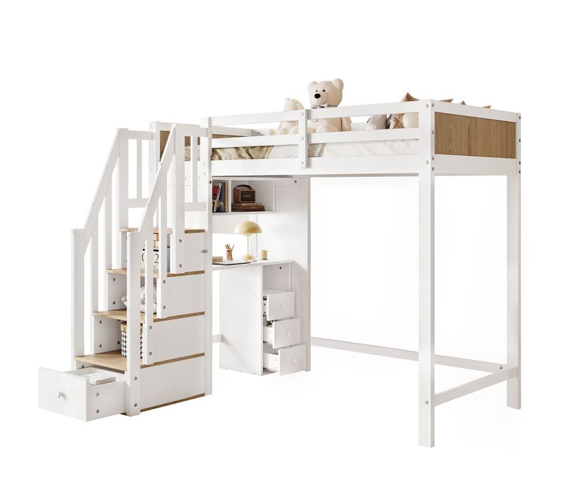 Lit Mezzanine 90x200 Cm - Lit Enfant Bureau - Escalier à Tiroirs - Bibliothèque - Mdf - Blanc