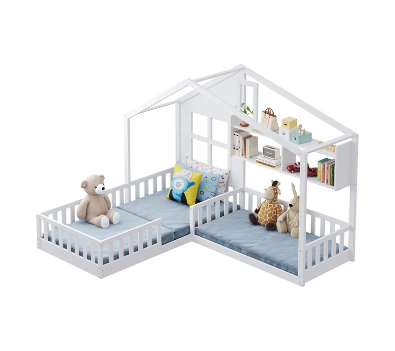 Lit Enfant 90x200 Cm - Lit Cabane Avec Fenêtre Et Étagères - Rangement Sécurisé - Mdf Et Bois -blanc