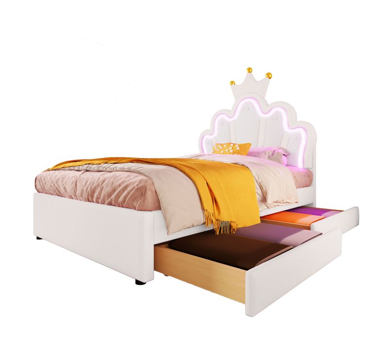 Lit Simple 90 X 200 Cm - Lit Enfant Avec Rembourrage Et 2 Rangements - Style Moderne - Blanc