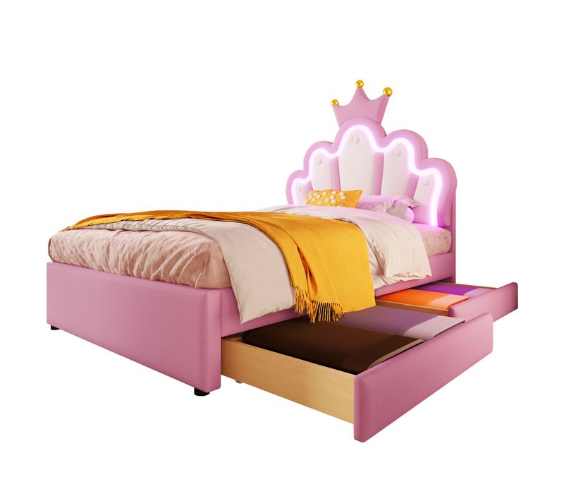 Lit Simple 90 X 200 Cm - Lit Enfant Avec Rembourrage Et 2 Rangements -Confortable - Rose