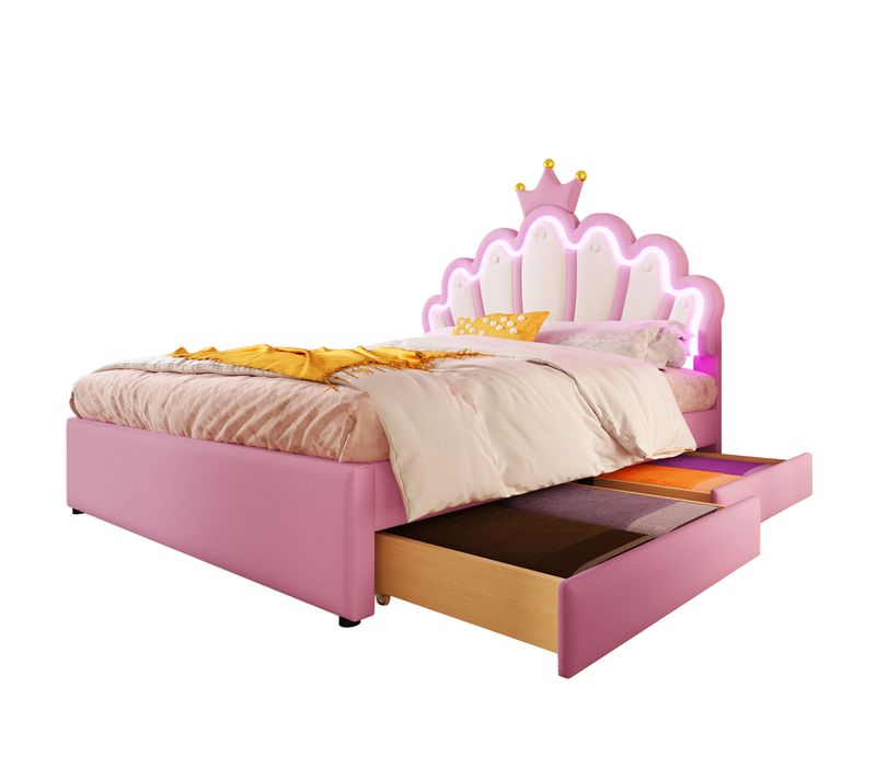 Lit Double 140x200 Cm - Lit Enfant Avec Rangement Intégré - Design Moderne - Rose
