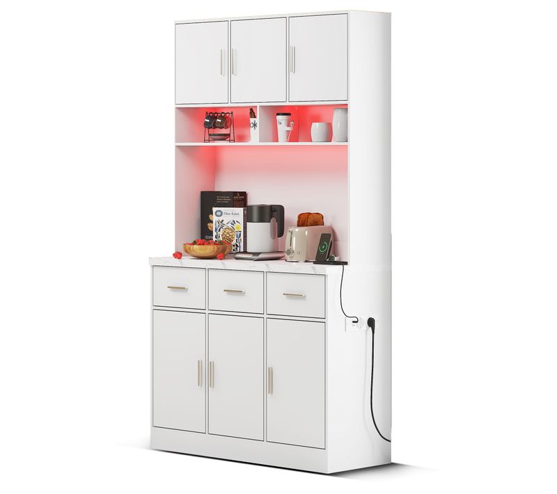 Buffet De Cuisine - Armoire Rangement - LED - Commande Application - 6 Portes - 3 Tiroirs - Blanc