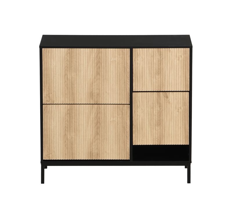 Meuble à Chaussures 3 Volets Rabattables -banc Et Espace Ouvert -entrée Fonctionnel - Noir+naturel