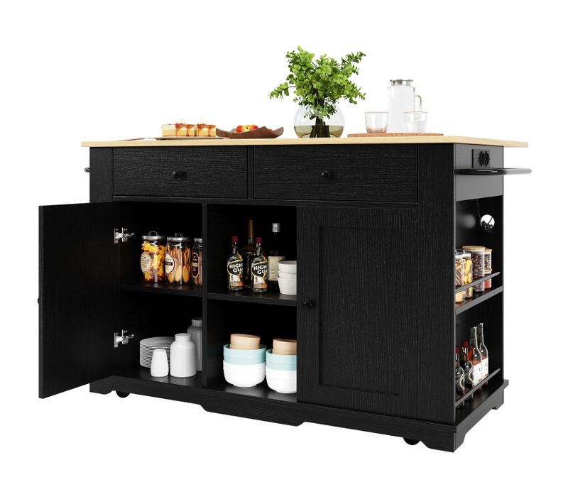 Îlot De Cuisine - Desserte De Cuisine - Plan De Travail Et Prise Électrique - Rangement - Mdf - Noir