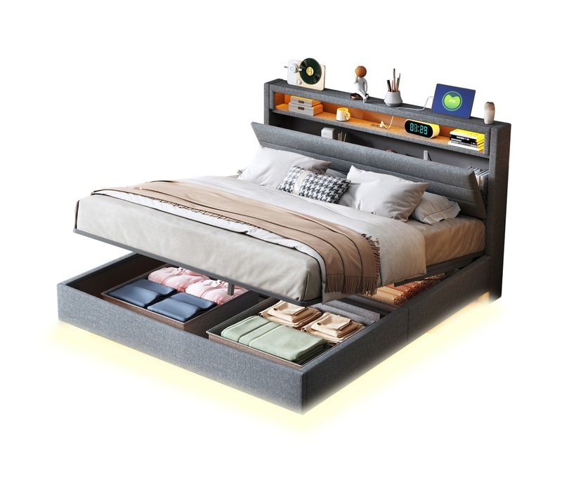 Lit Coffre Double 140x200 Cm - Coffre Hydraulique - Tête De Lit Réversible - Éclairage LED - Gris