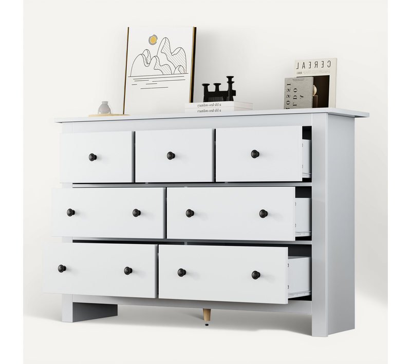 Commode Buffet Moderne 7 Tiroirs, Meuble Fonctionnel Cuisine Et Salon, Panneau De Particules, Blanc