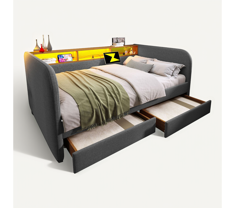 Lit Banquette 140x190 Cm - LED - Tiroirs - Lin Et Métal - Gris