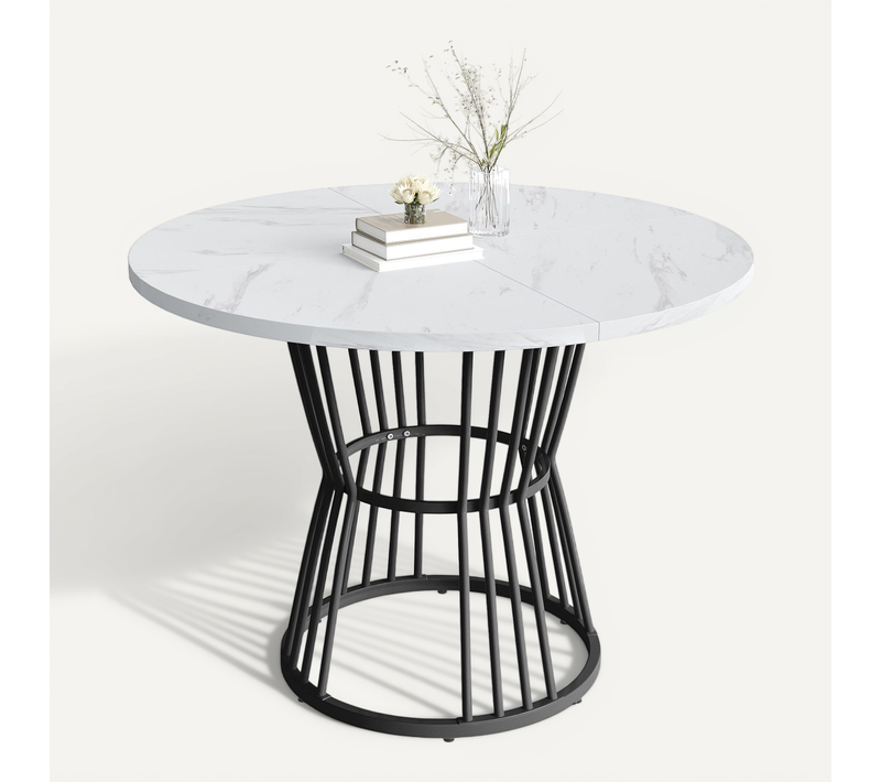 Table à Manger Ronde Moderne, Plateau Mdf Effet Marbre, Pieds Métal Noir, Blanc, D.100 X H75 Cm