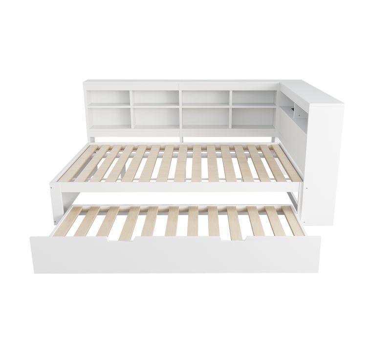 Lit Gigogne 140x200 Cm + Lit Tiroir 90x190 Cm - Coffres - USB - Multifonction Chambre- Mdf - Blanc