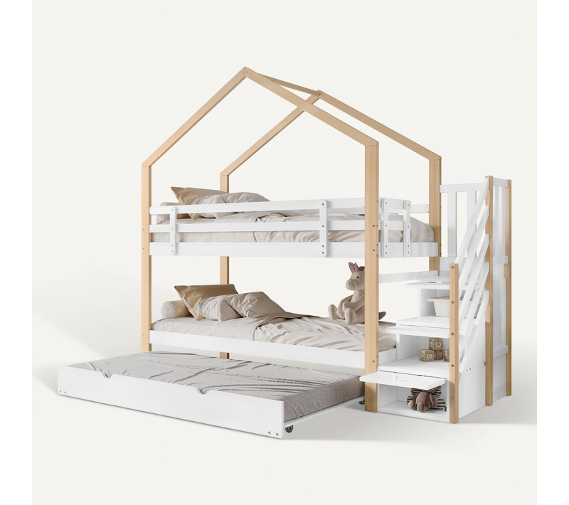 Lit Superposé 90x200 Et 90x190 Cm - Cabane Enfant - Échelle - Protection - Stable - Naturel Blanc