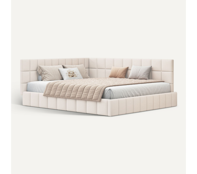 Lit Banquette 160x200 Cm - Double Avec Tiroirs Réversibles, Velours Rembourré - Beige