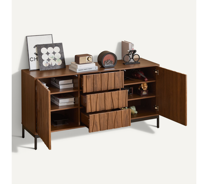 Buffet Avec Tiroirs Et Étagères Réglables - Style Mid-century Moderne - Mdf Pb - Brun Foncé