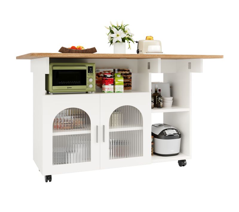 Îlot De Cuisine – Chariot Mobile–plan De Travail Effet Veiné – Rangement Multifonction – Mdf – Blanc