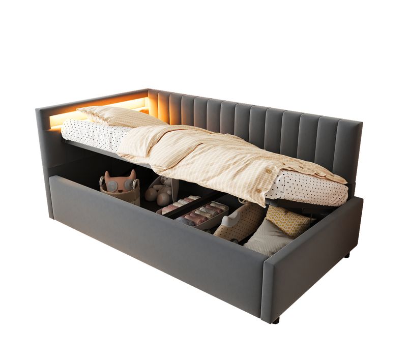 Lit 90x200 Cm - Canapé-lit Avec Coffre De Rangement - LED Intégrée - Velours - Gris