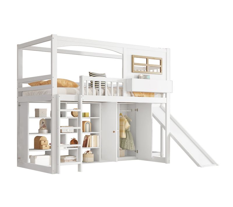 Lit Cabane Enfant 90×200 Cm - Toboggan - Armoire - Garde-corps Sécurisé - Bois - Blanc