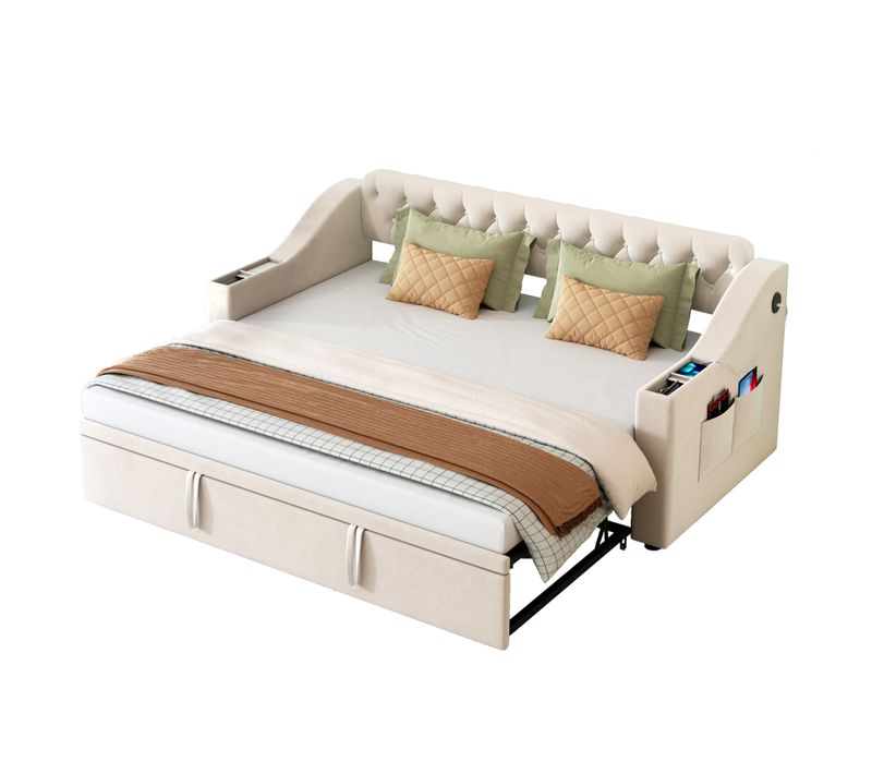 Lit Gigogne 90x190 Cm - Coffres Intégrés - Prise USB - Convertible Multifonction - Velours - Beige