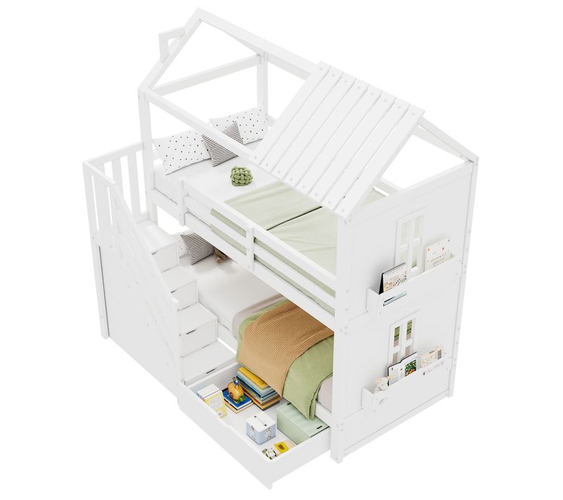 Lit Superposé 90x200 Cm - Lit Enfant Avec Rangement, Escalier Et Tiroirs - Blanc