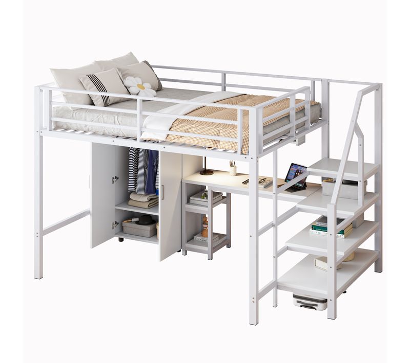 Lit Mezzanine 140x200 Cm - Lit Avec Bureau, Armoire, Escalier, Rangement - Métal Et Mdf - Blanc