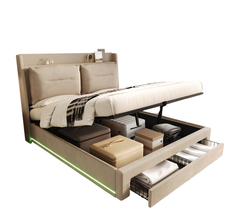 Lit Coffre 180x200 Cm - Lit Double Avec Tiroirs Et Éclairage LED - Velours - Beige