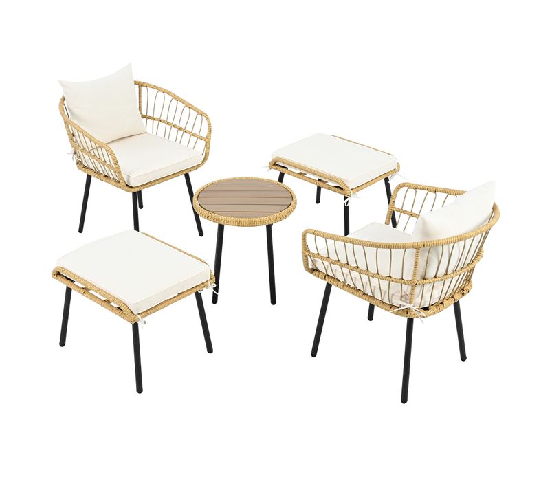 Salon De Jardin 5 Pièces En Rotin Avec Table, 2 Chaises Et 2 Poufs,blanc