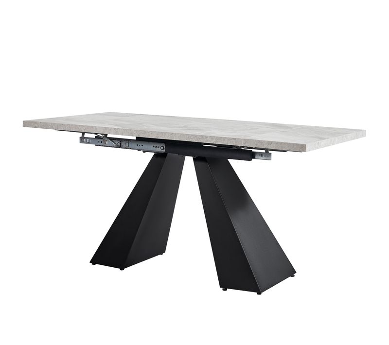 Table à Manger Rectangulaire Extensible, Plateau Gris, Pieds Colonne Noirs, 99-159 X 74 X 77 Cm