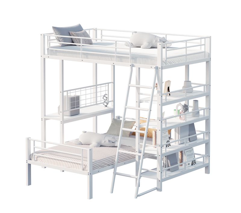 Lit Superposé 90x200 Cm - Enfant- Rangements Intégrés - Design Multifonction - Métal + Mdf - Blanc