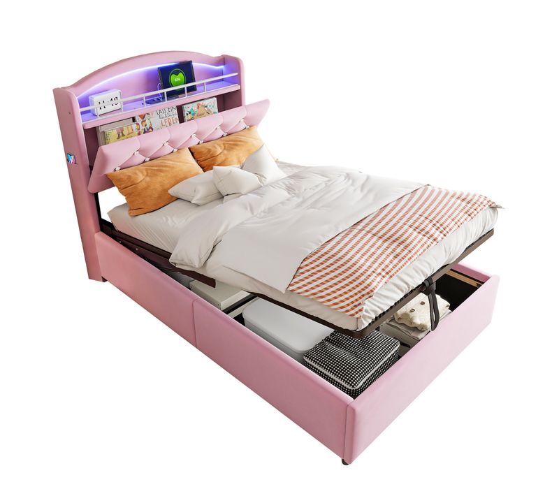 Lit Coffre 90x200 - Lit Simple Enfant En Velours - Coffre Intégré - LED Et Port USB Inclus - Rose