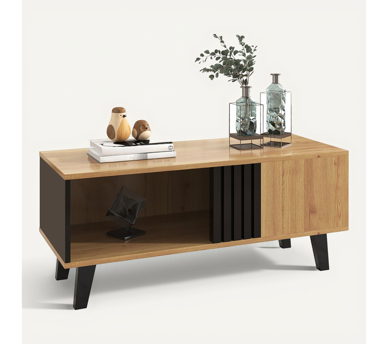 Table Basse Design Avec Tiroir Latéral - Rangement Intégré - Panneaux De Particules - Naturel