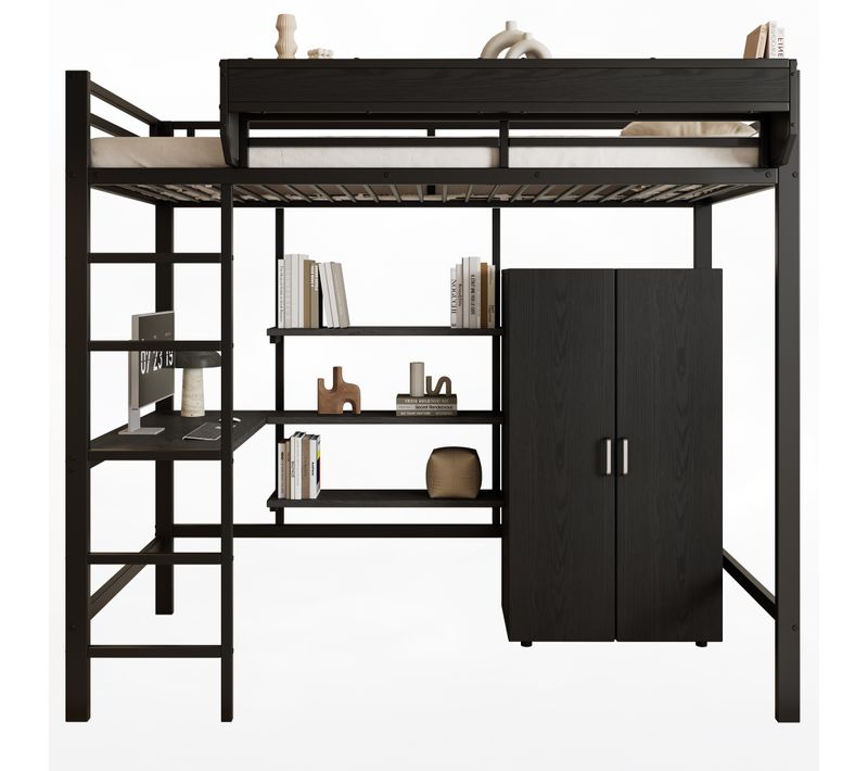 Lit Mezzanine 90x200 Simple Ado Avec Bureau Intégré, Penderie Et Rangement, Structure Métal Noir