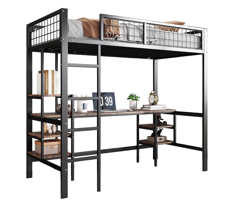 Lit Mezzanine Enfant 90x200 Métal Avec Bureau Et étagères, Style Industriel, Noir