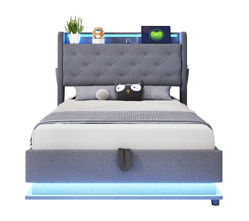 Lit Coffre Simple 90x200 Cm - LED Multicolore - Rangement Intégré - Poche Téléphone -lin - Gris