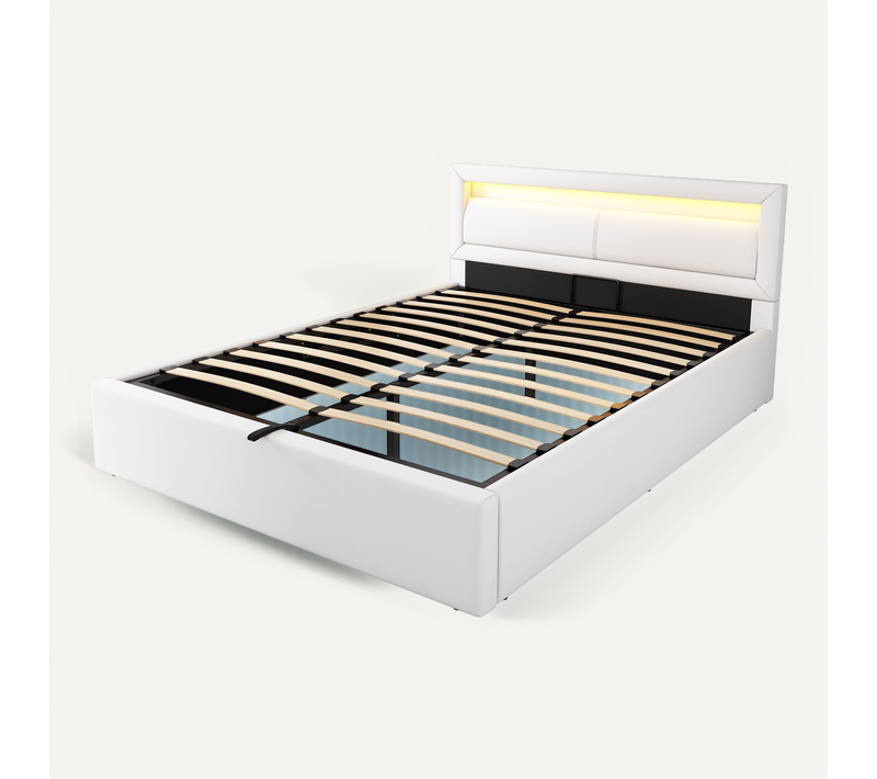 Lit Double 140x200 Cm Adulte/ado Avec Rangement, Éclairage LED Et Sommier à Lattes, Capitonné Blanc