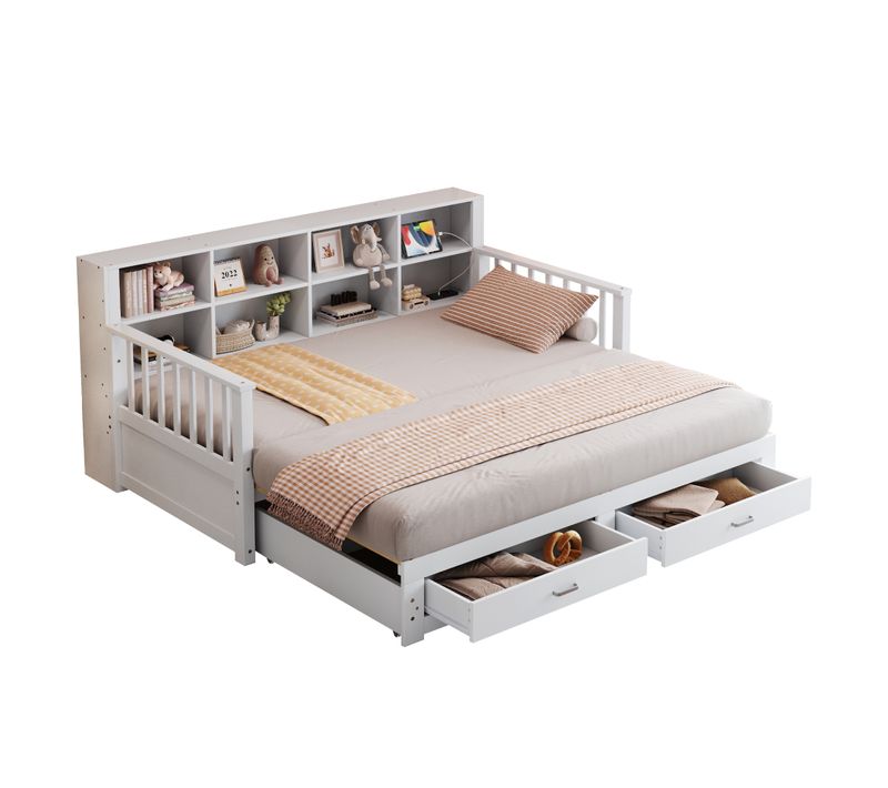 Lit Gigogne 90/180x190 Cm - Coffres Rangement - Port USB - Extensible Multifonction - Mdf - Blanc