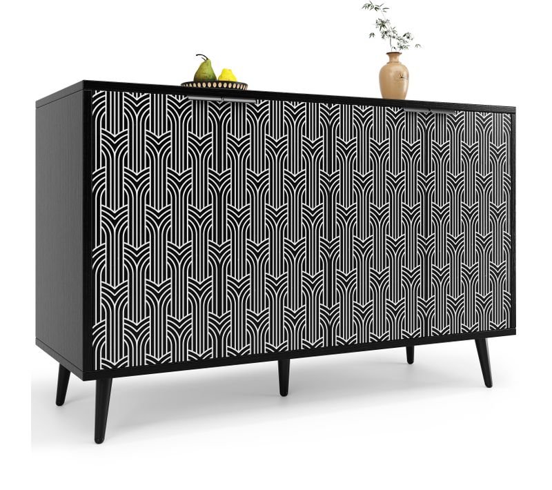 Buffet Bahut Moderne à Motif Chevron Et Poignées Métal, Meuble Rangement Salon Ou Chambre, Noir