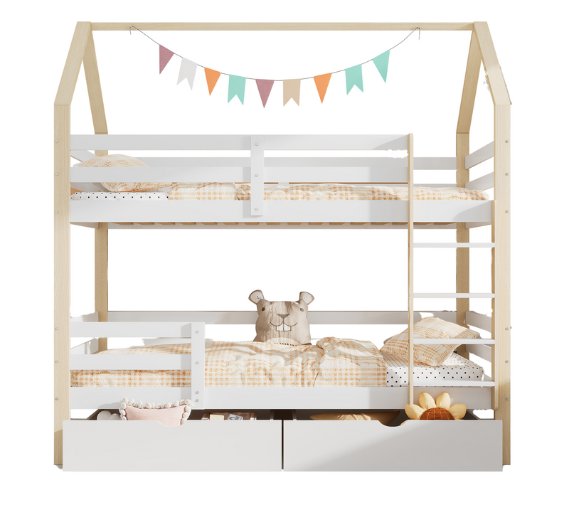Lit Superposé Enfant 90x200 Cm - Lit Cabane Avec Sommier Et Grands Tiroirs - Bois De Pin - Blanc